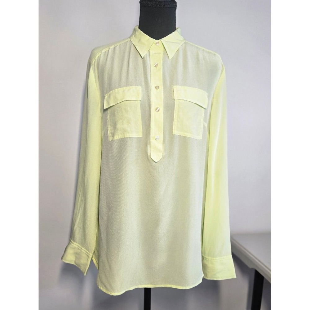 Ann Taylor Silk‎ Blouse Womens 6 Yellow Long Sleeve Roll Tab Pocket Top (T4)